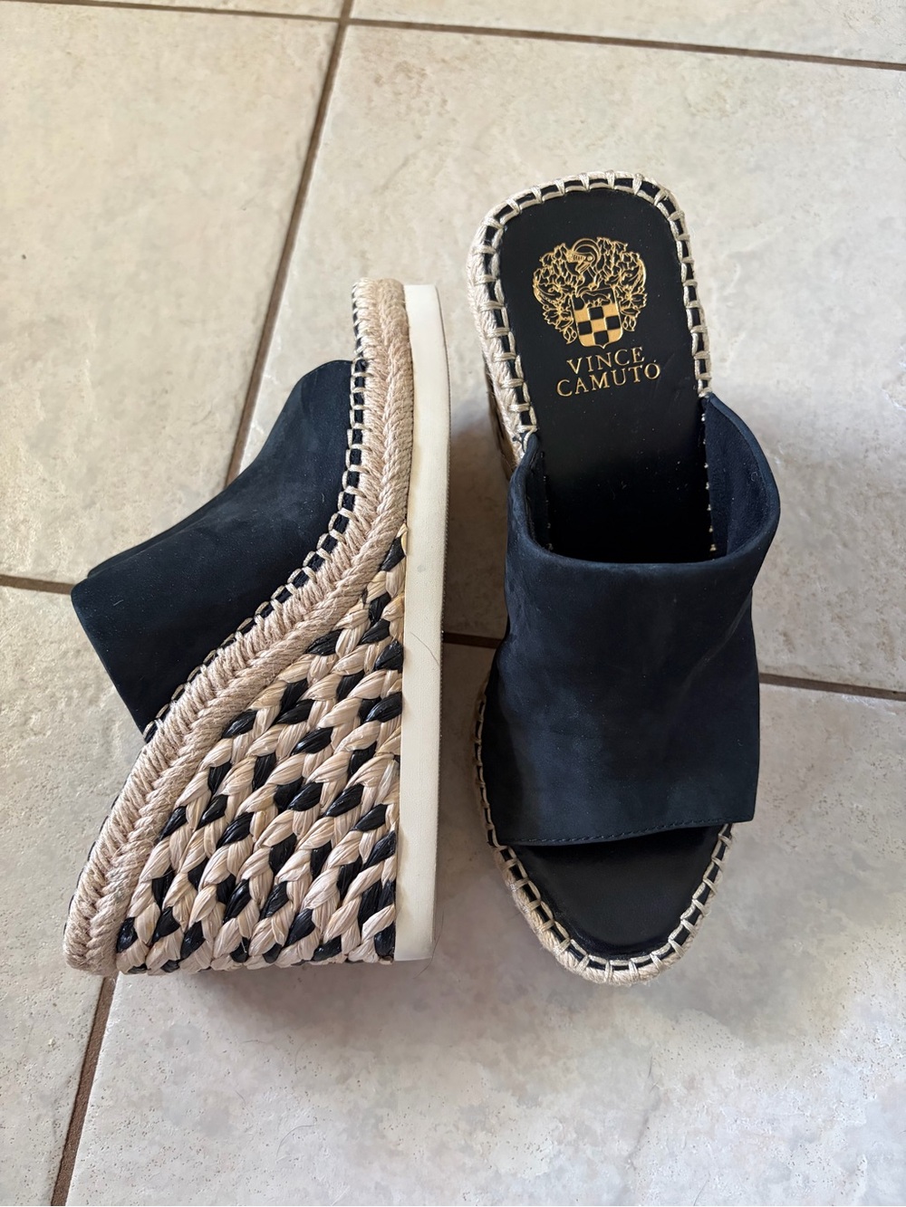 Vince Camuto Brissia Black Suede Espadrille Wedge Sandal Mules
